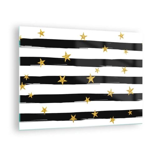 Glastavla - Bild på glas - Svarta och vita ränder med guldstjärnor - 70x50cm - Alla är vi födda under lycklig stjärna - Modern väggdekoration för vardagsrum och sovrum ARTTOR