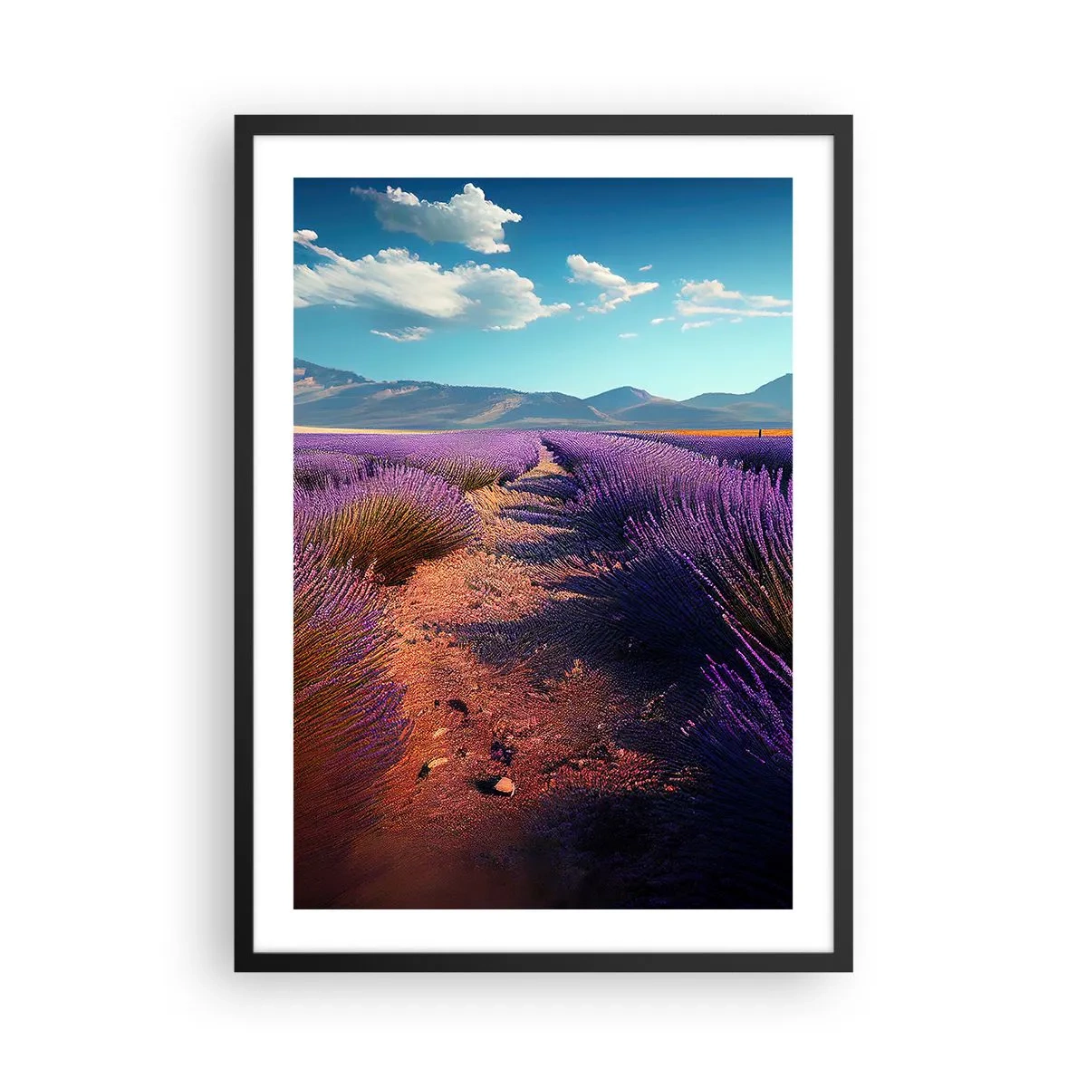Affisch i svart ram - Ett lavendelfält vid solnedgången med ett bergslandskap i bakgrunden - 50x70cm - Doftande fält - Modern väggdekoration för vardagsrum och sovrum ARTTOR