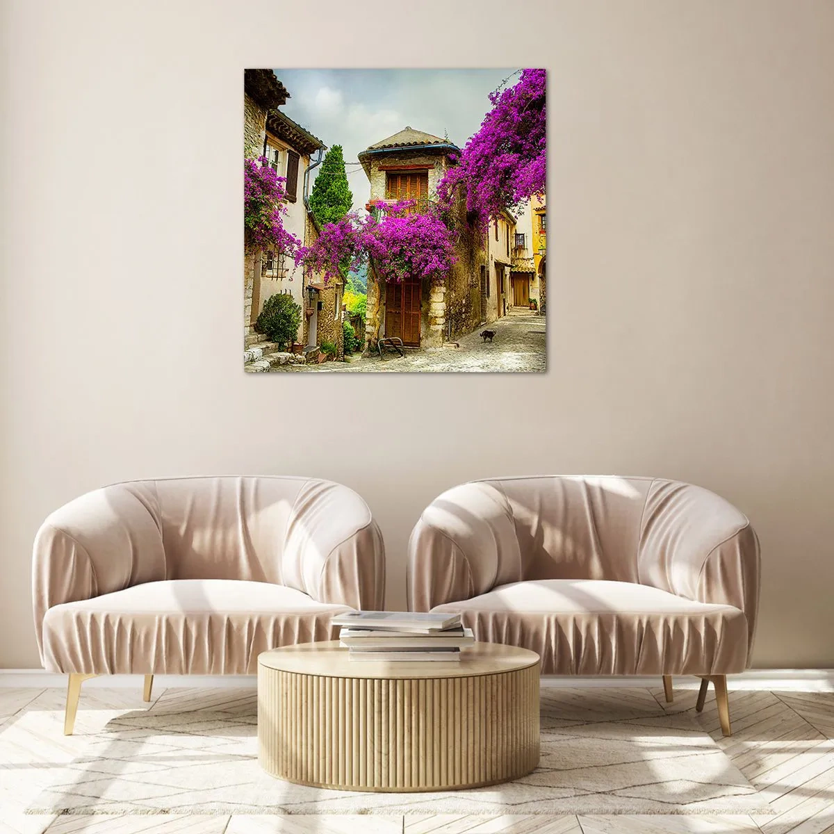 Glastavla - Bild på glas - Under blommig baldakin - 70x70 cm