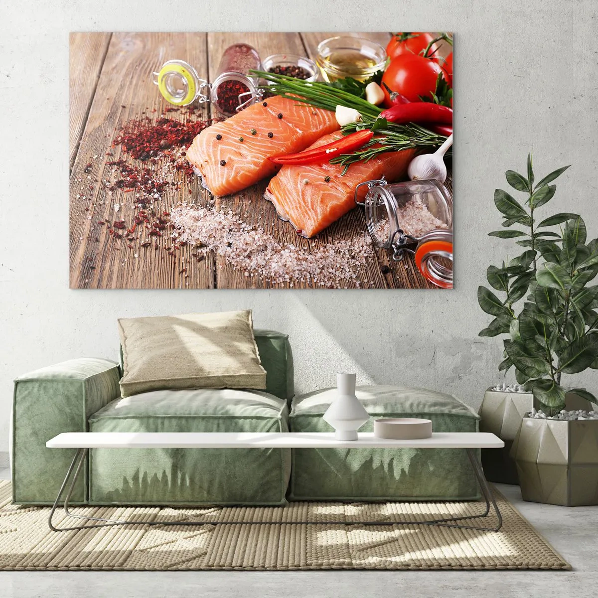 Glastavla - Bild på glas - Laxfiléer med kryddor på en träbänkskiva - 70x50cm - Norskt äventyr i köket - Modern väggdekoration för vardagsrum och sovrum ARTTOR