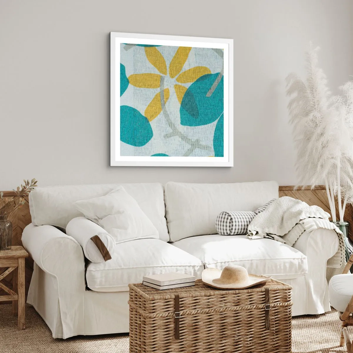 Affisch i vit ram - Bland azurblå blad - 40x40 cm