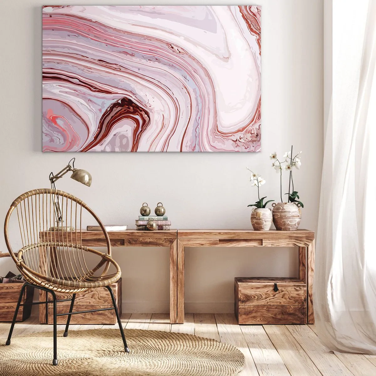 Canvastavla - Bild på duk - Abstrakt mönster i rosa och vitt - 70x50cm - Rakt fram, sedan neråt åt höger - Modern väggdekoration för vardagsrum och sovrum ARTTOR