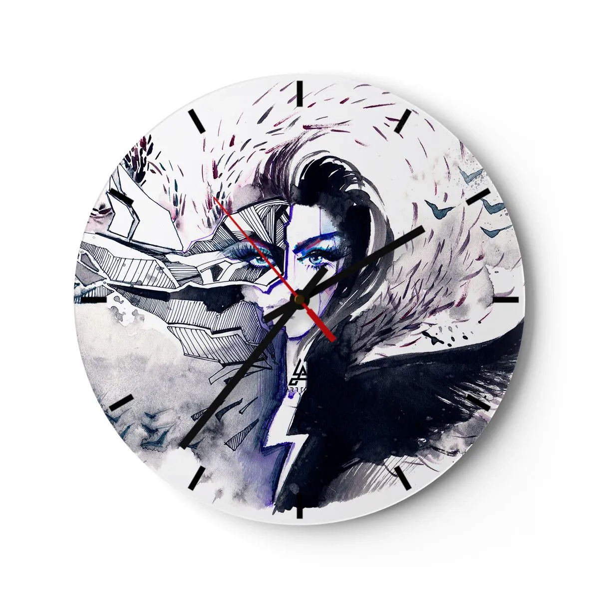 Väggklocka - Klocka på glas - Abstrakt porträtt av en kvinna med ett demon- och blixtmotiv - 30x30cm - Demonisk och vacker - Modern väggdekoration för vardagsrum, kök och sovrum ARTTOR