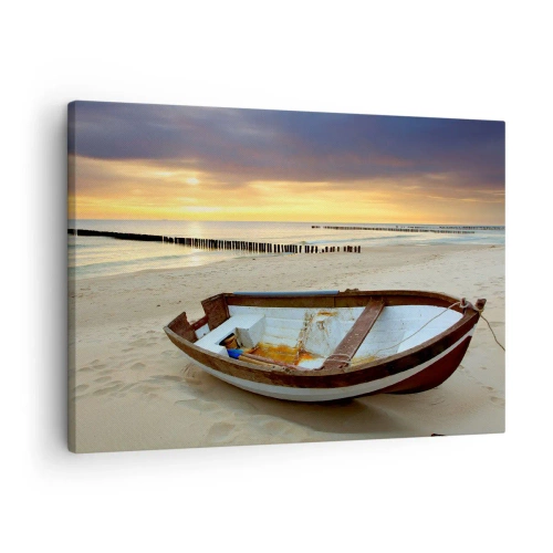 Canvastavla - Bild på duk - En båt på en sandstrand vid solnedgången - 70x50cm - Det finns inga vackrare stränder - Modern väggdekoration för vardagsrum och sovrum ARTTOR