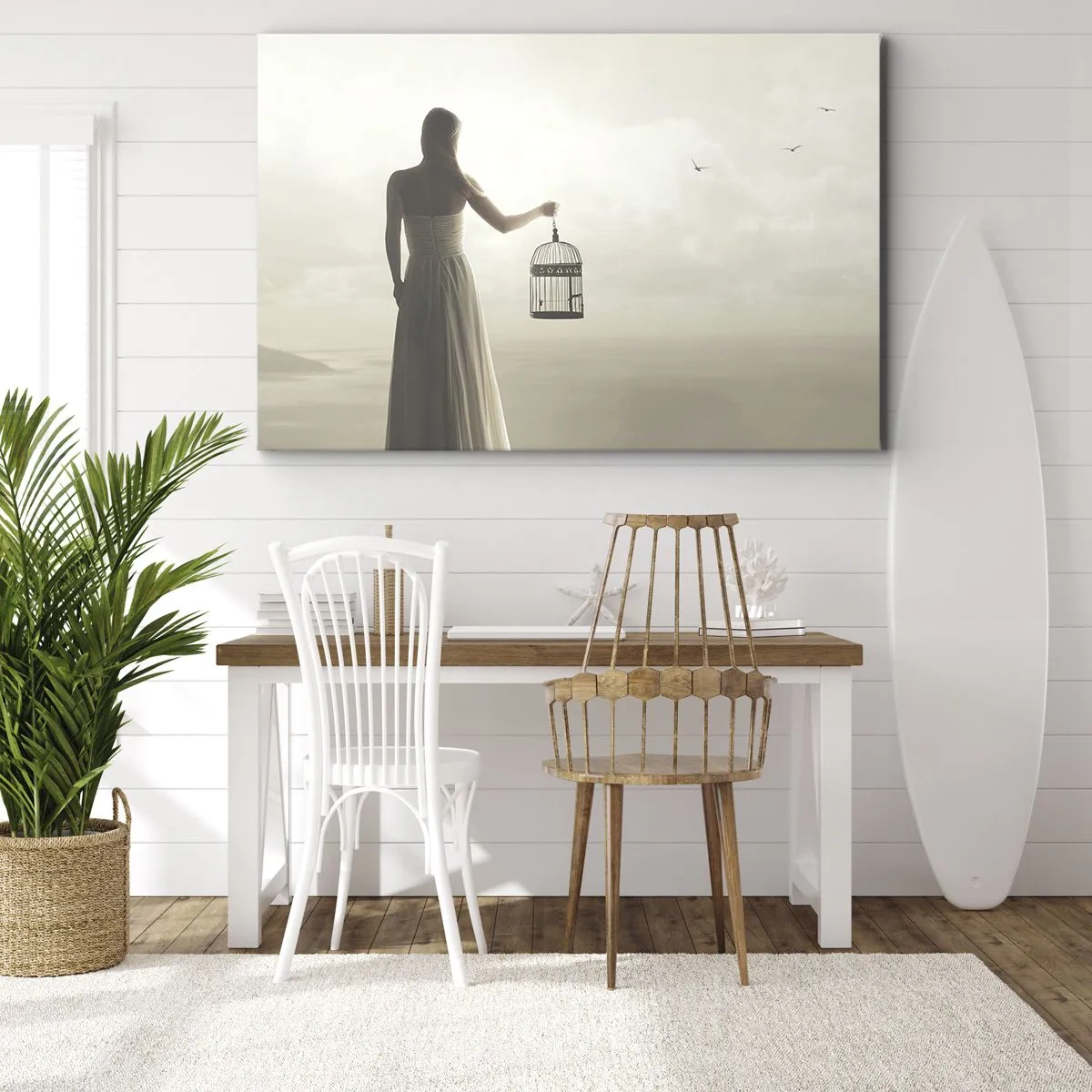 Canvastavla - Bild på duk - En kvinna med en bur mot en lugn himmel - 70x50cm - Var fri - Modern väggdekoration för vardagsrum och sovrum ARTTOR