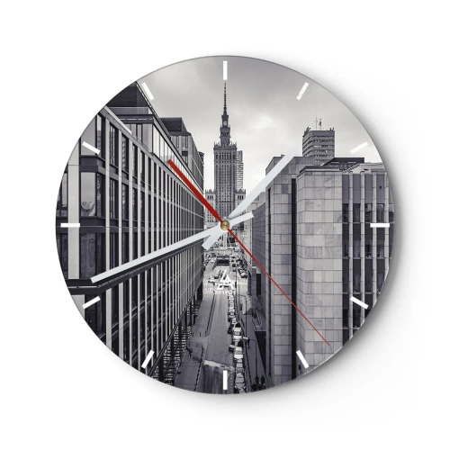 Väggklocka - Klocka på glas - Stadspanorama med modern arkitektur - 30x30cm - Warszawadalen - Modern väggdekoration för vardagsrum, kök och sovrum ARTTOR