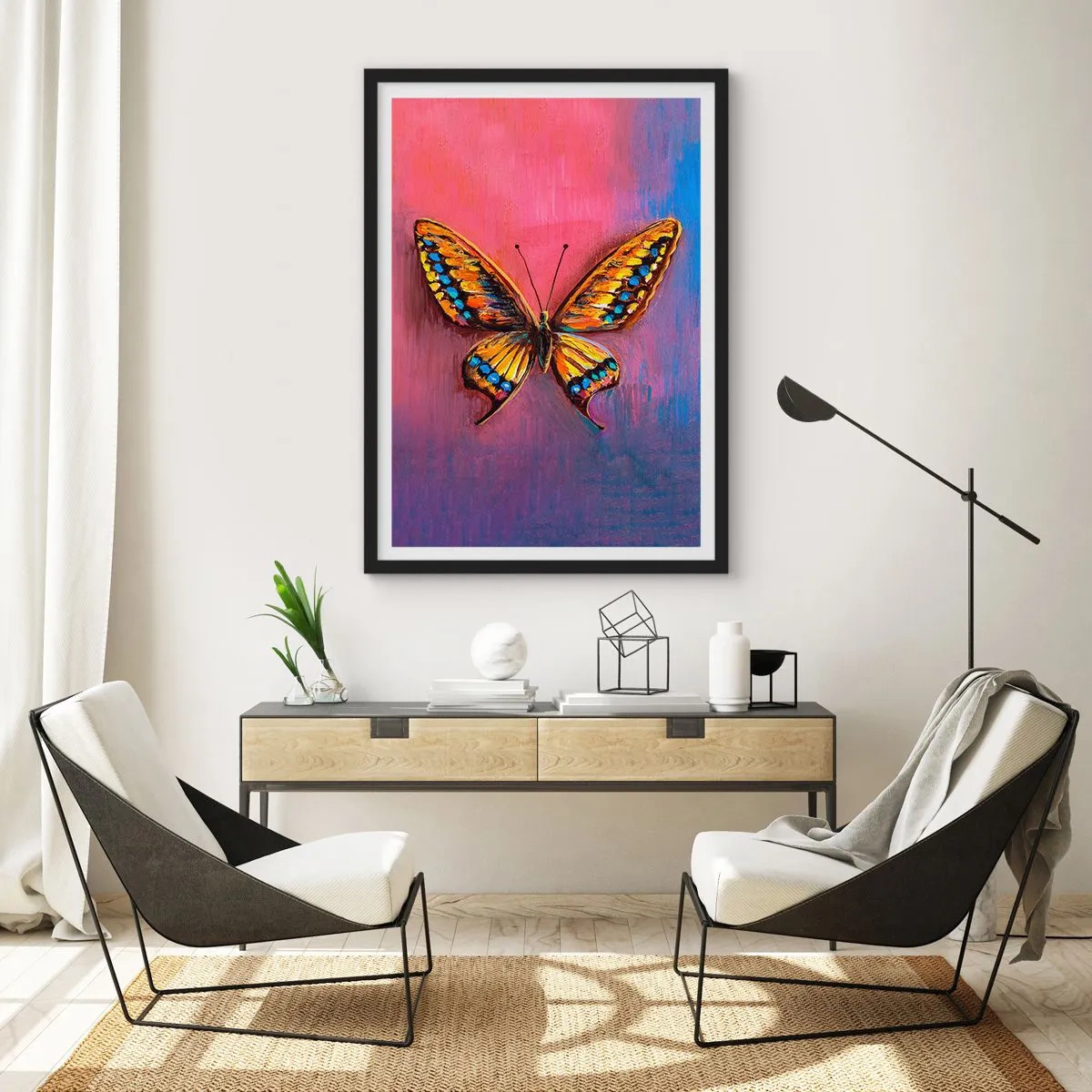 Affisch i svart ram - En färgglad fjäril mot en konstnärlig bakgrund med intensiva färger. - 50x70cm - Naturens klenoder - Modern väggdekoration för vardagsrum och sovrum ARTTOR