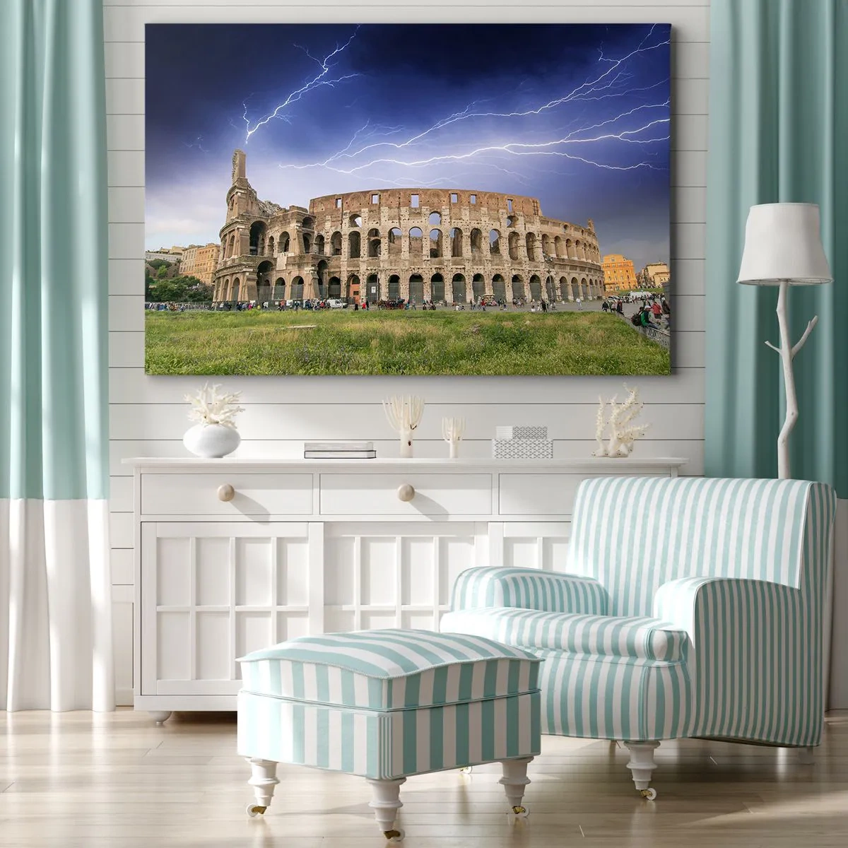 Canvastavla - Bild på duk - Colosseum i Rom upplyst av blixtar - 70x50cm - Kamparena - Modern väggdekoration för vardagsrum och sovrum ARTTOR