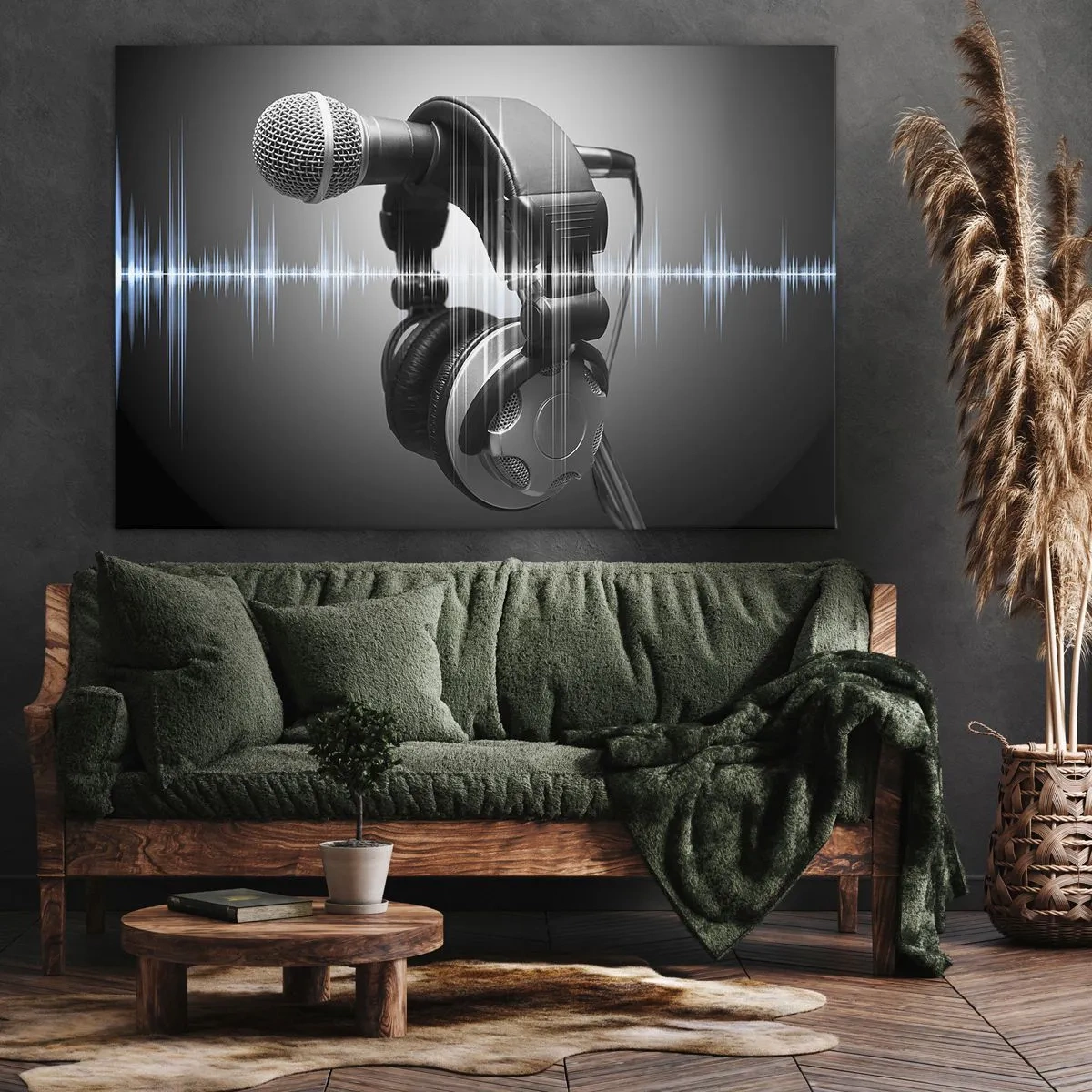 Canvastavla - Bild på duk - Mikrofon och hörlurar med ljudvågsvisualisering i bakgrunden - 70x50cm - Sången hörs fortfarande - Modern väggdekoration för vardagsrum och sovrum ARTTOR
