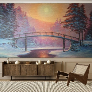 Fototapet Premium Sand - De fyra årstiderna - vinter - Landskap, Flod, Bro - 100x70 cm
