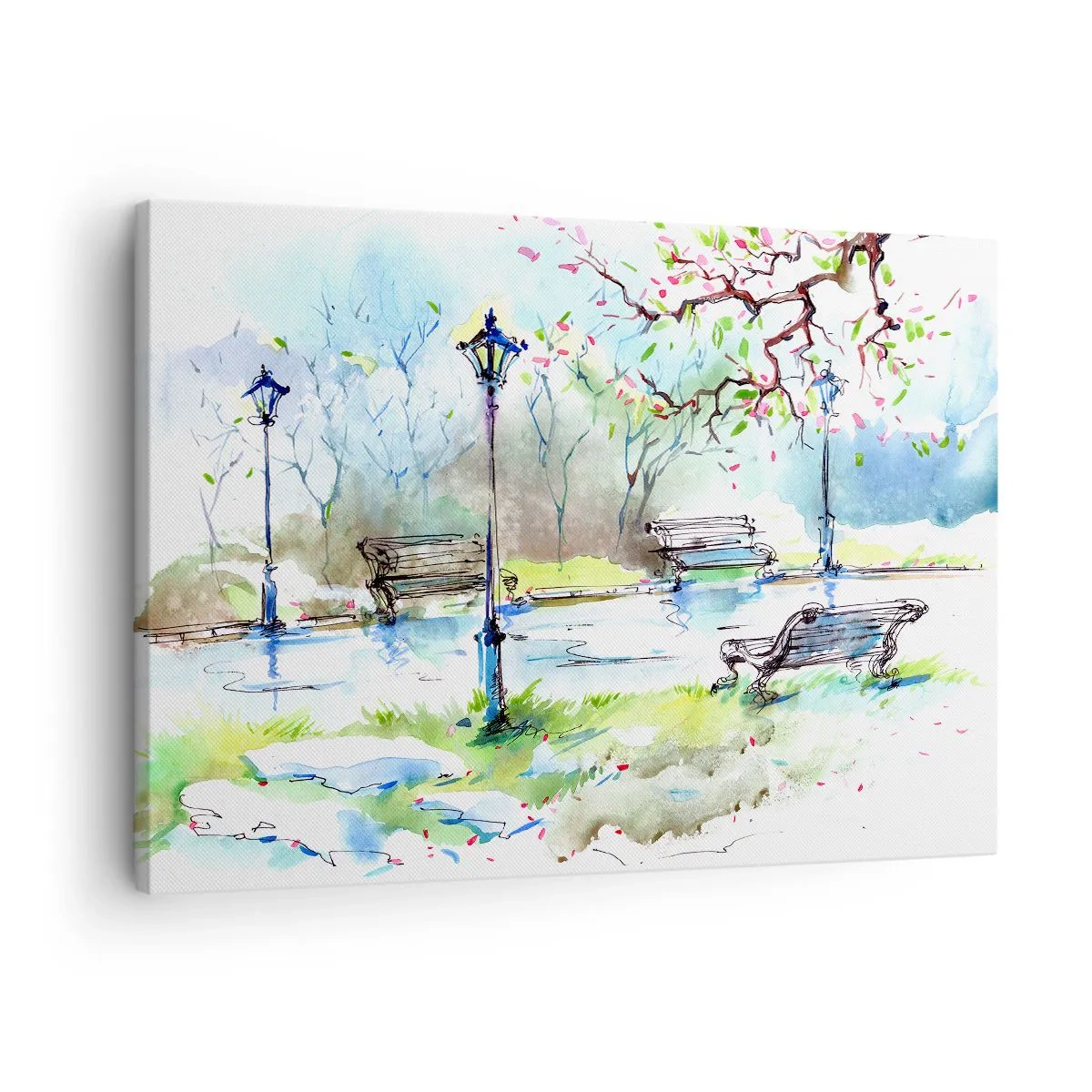 Canvastavla - Bild på duk - Akvarell parkscen med bänkar och lampor - 70x50cm - Parktystnadens charm - Modern väggdekoration för vardagsrum och sovrum ARTTOR