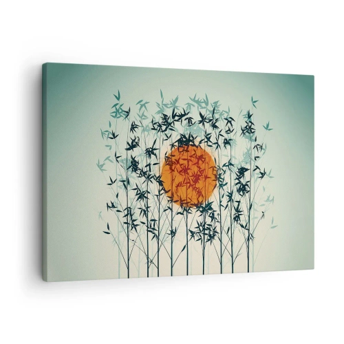 Canvastavla - Bild på duk - Orange sol bland bambugrenarna - 70x50cm - Japansk sol - Modern väggdekoration för vardagsrum och sovrum ARTTOR