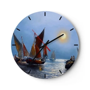 Väggklocka - Klocka på glas - Segelbåtar på vattnet i månskenet - 30x30cm - Nattens fångst - Modern väggdekoration för vardagsrum, kök och sovrum ARTTOR