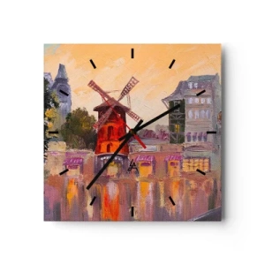 Väggklocka - Klocka på glas - Ikoner av Paris – Moulin Rouge - 40x40 cm
