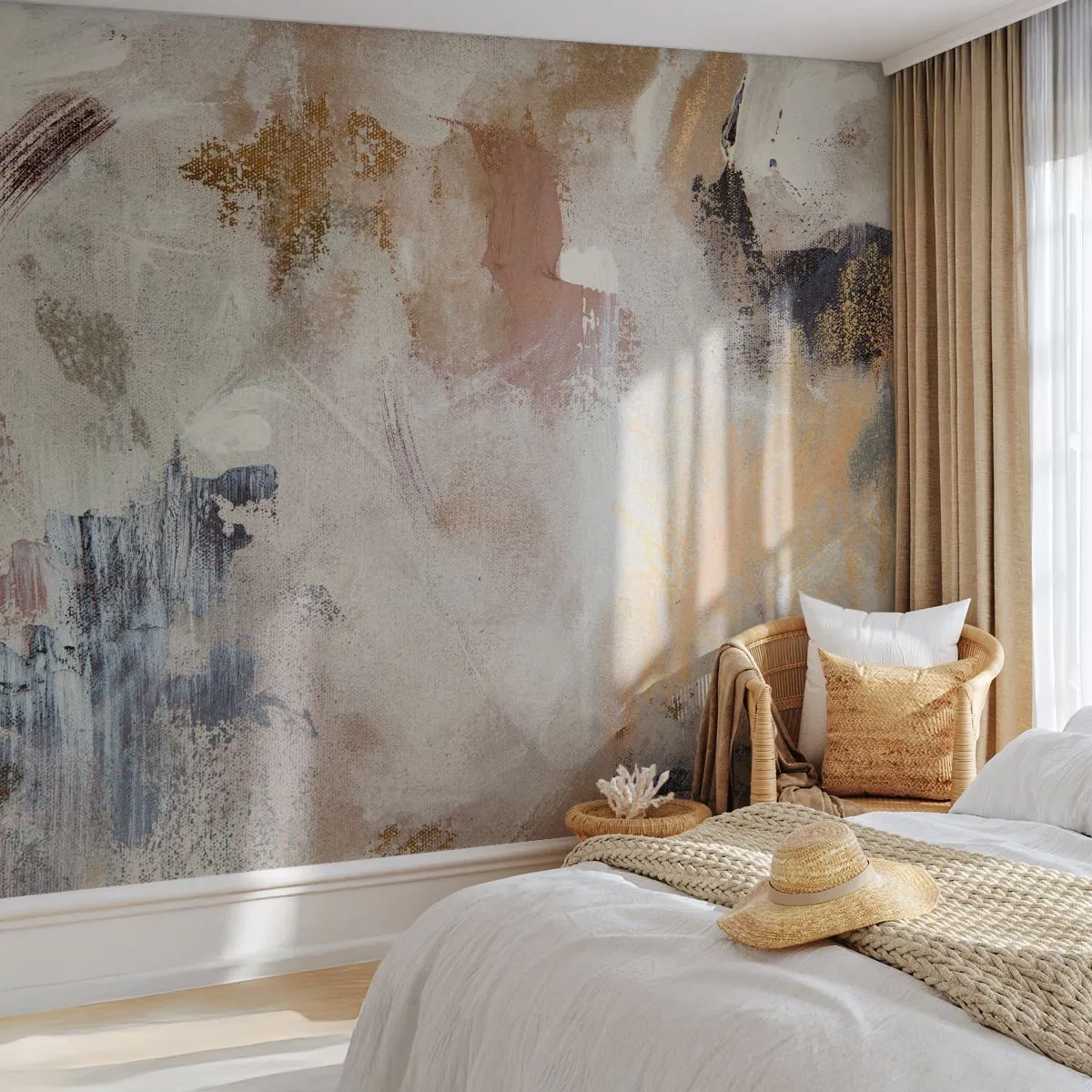 Fototapet Standard Eco - En disig abstraktion i nyanser av beige, brunt och blått - 100x70cm - Dimmig abstraktion - Modern väggdekoration för vardagsrum och sovrum ARTTOR