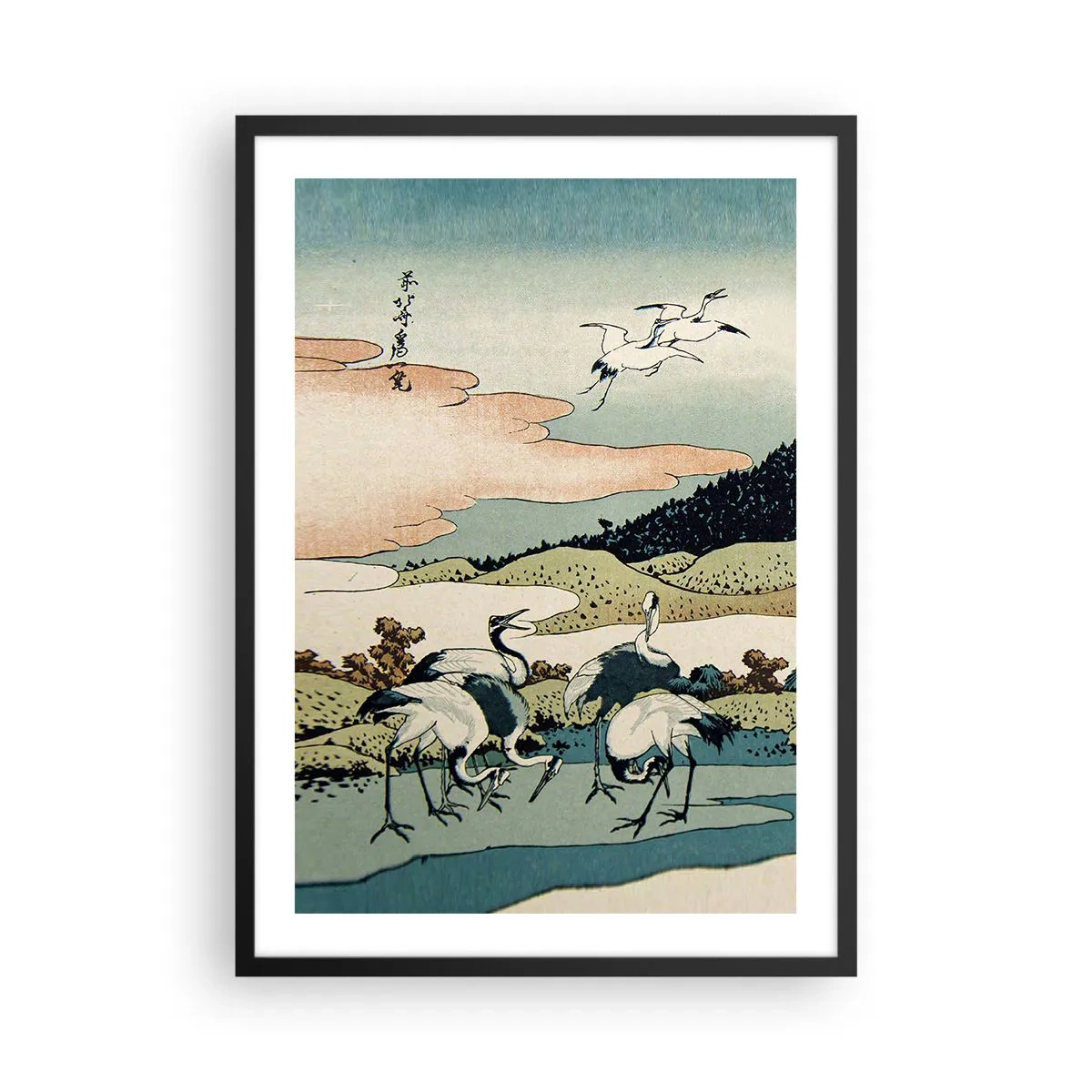 Affisch i svart ram - Traditionell japansk konst med tranor i ett naturlandskap - 50x70cm - I japansk anda - Modern väggdekoration för vardagsrum och sovrum ARTTOR