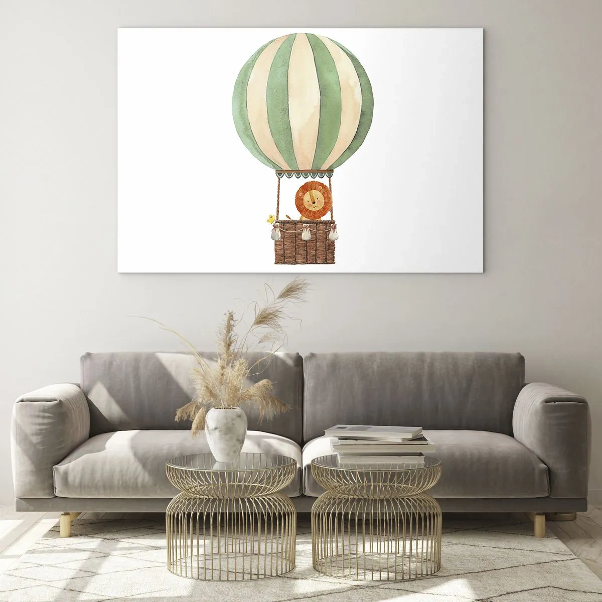 Glastavla - Bild på glas - Ett lejon i en ballongkorg som svävar på en vit bakgrund - 70x50cm - Leons resor - Modern väggdekoration för vardagsrum och sovrum ARTTOR