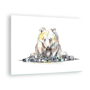Glastavla - Bild på glas - En björn som tittar på staden i en konstnärlig komposition - 70x50cm - Hur kan man leva på det viset? - Modern väggdekoration för vardagsrum och sovrum ARTTOR