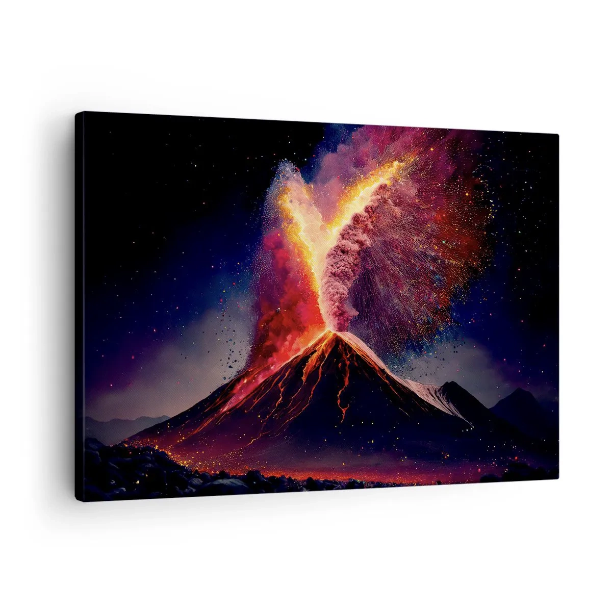 Canvastavla - Bild på duk - Ett unikt vulkanutbrott på natten med dynamiska färger. - 70x50cm - Skönhet och skräck - Modern väggdekoration för vardagsrum och sovrum ARTTOR