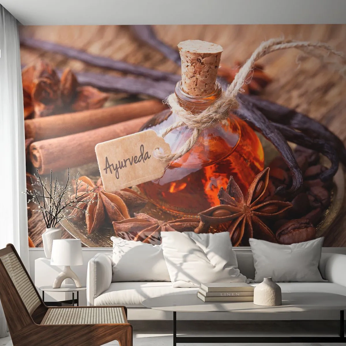 Fototapet Standard Eco - En flaska ayurvedisk olja omgiven av kryddor - 100x70cm - Mot kroppens och själens enighet - Modern väggdekoration för vardagsrum och sovrum ARTTOR