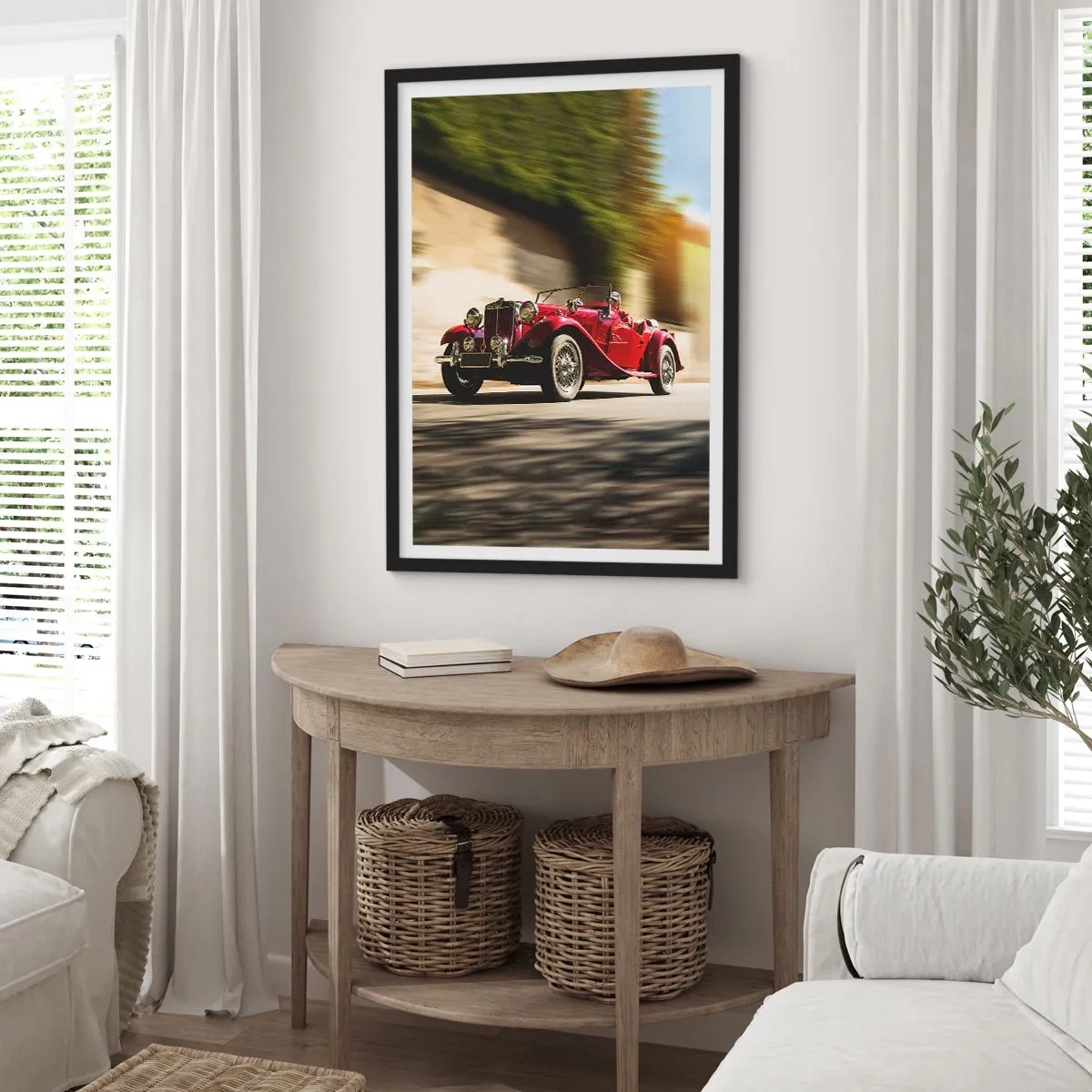 Affisch i svart ram - Röd klassisk bil mot ett suddigt landskap - 50x70cm - Vackrare än Nike från Samothrakis - Modern väggdekoration för vardagsrum och sovrum ARTTOR