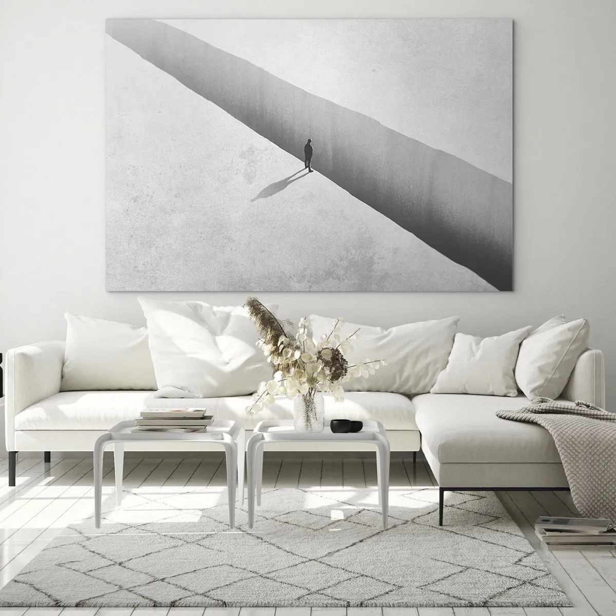 Glastavla - Bild på glas - En minimalistisk silhuett över ett stup i ett ljust utrymme - 70x50cm - Tydligt mål - Modern väggdekoration för vardagsrum och sovrum ARTTOR