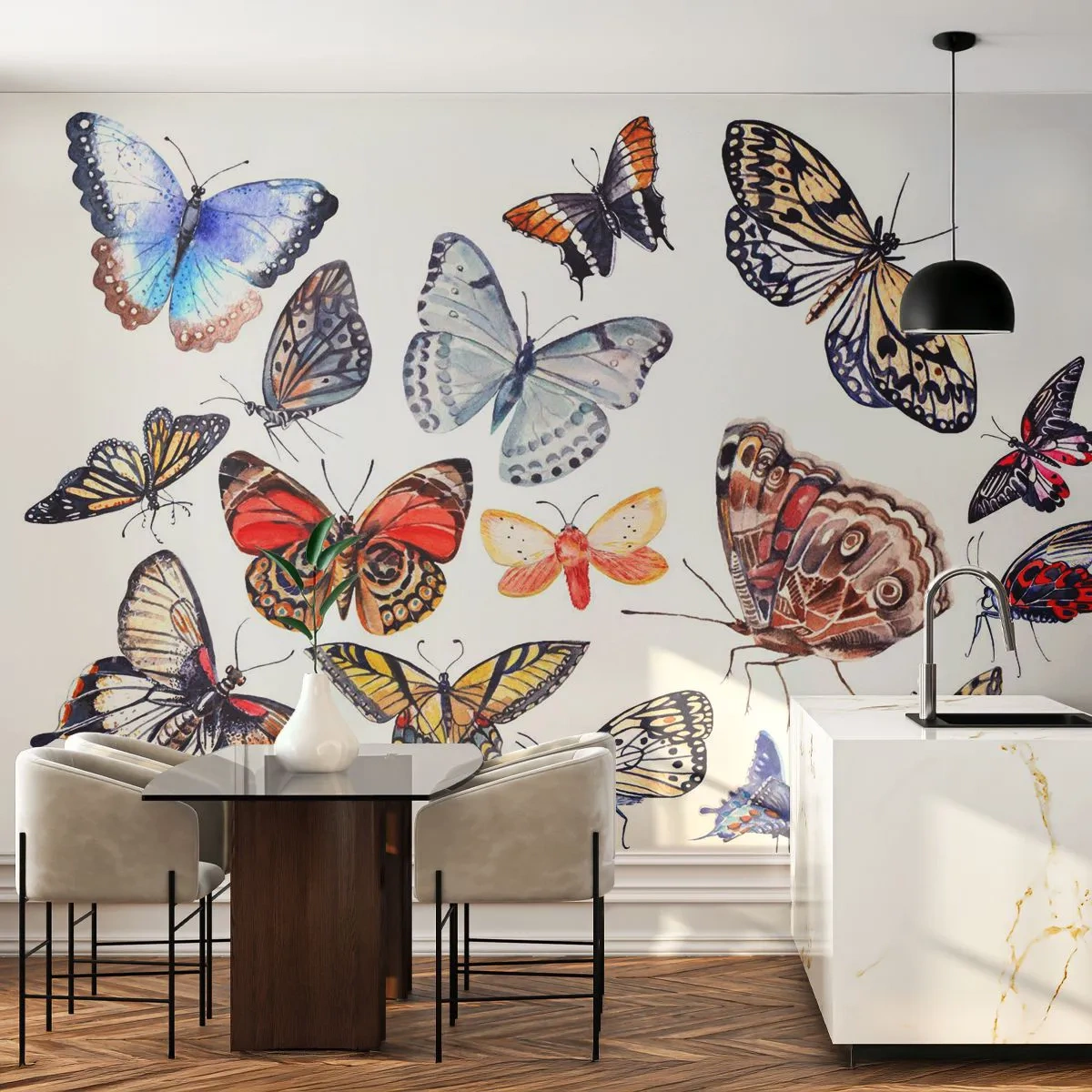 Fototapet Standard Eco - Färgglada fjärilar på en vit bakgrund, delikat illustration - 100x70cm - Färgglada fjärilar - Modern väggdekoration för vardagsrum och sovrum ARTTOR