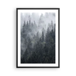 Affisch i svart ram - En dimmig skog med höga barrträd - 50x70cm - Gryning i skogen - Modern väggdekoration för vardagsrum och sovrum ARTTOR