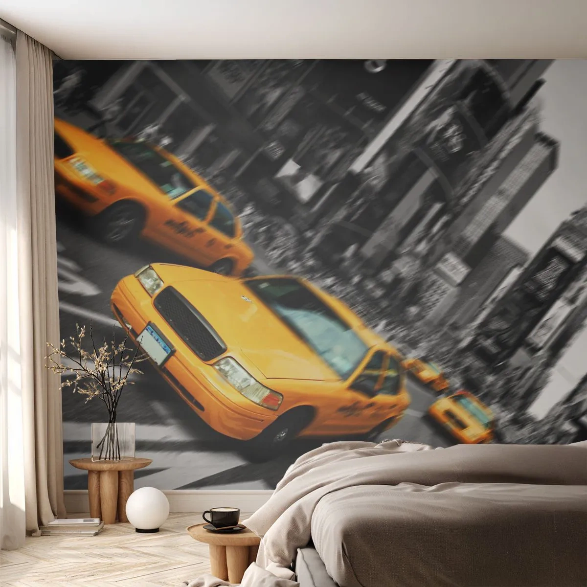 Fototapet Premium Sand - New Yorks soldroppar - Stad, Ney York, Taxi - 300x210 cm