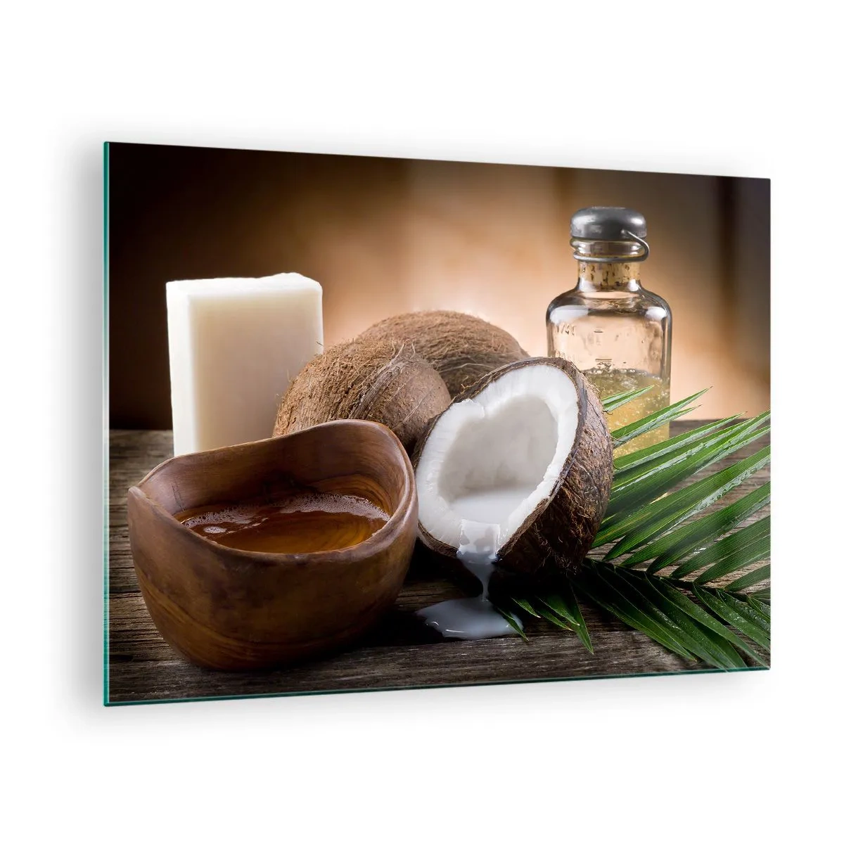 Glastavla - Bild på glas - Naturliga ingredienser med kokosnöt och olja på en träbakgrund - 70x50cm - Hälsa från tropiska öar - Modern väggdekoration för vardagsrum och sovrum ARTTOR