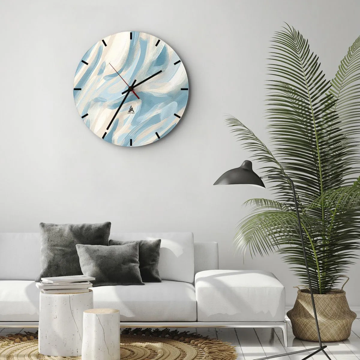Väggklocka - Klocka på glas - Abstrakta pastellfärgade strimmor i blått och beige - 30x30cm - Vårvindar - Modern väggdekoration för vardagsrum, kök och sovrum ARTTOR