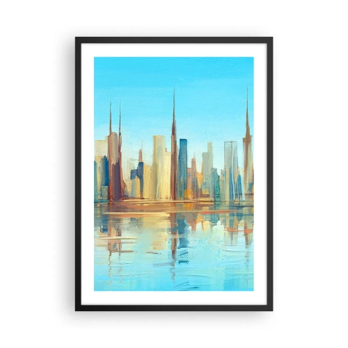 Affisch i svart ram - Färgglatt stadspanorama med reflektion i vattnet - 50x70cm - Solig metropol - Modern väggdekoration för vardagsrum och sovrum ARTTOR