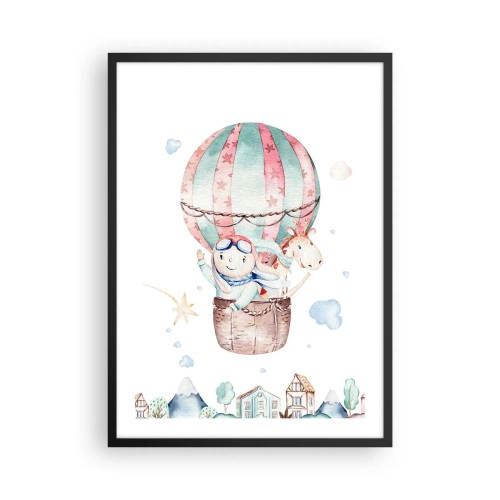 Affisch i svart ram - En söt illustration av en nallebjörn som flyger i en ballong över en stad - 50x70cm - Vi är snart tillbaka! - Modern väggdekoration för vardagsrum och sovrum ARTTOR