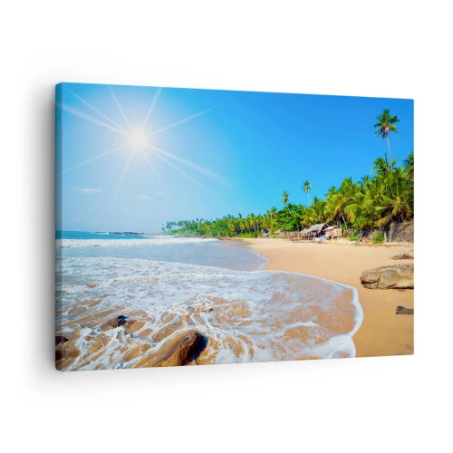 Canvastavla - Bild på duk - Tropisk strand med palmer och blå himmel - 70x50cm - Exotisk plats för dig - Modern väggdekoration för vardagsrum och sovrum ARTTOR