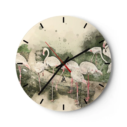 Väggklocka - Klocka på glas - En flock flamingos i en fridfull, tropisk miljö - 30x30cm - Exotisk dröm - Modern väggdekoration för vardagsrum, kök och sovrum ARTTOR