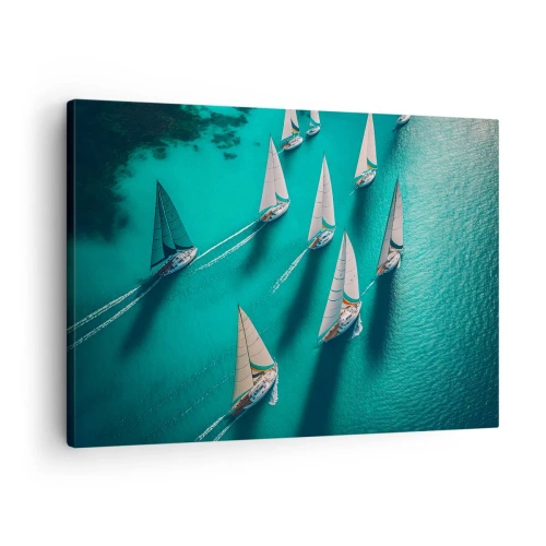 Canvastavla - Bild på duk - Yachter på turkost vatten i dynamisk rörelse - 70x50cm - Tävla med vinden - Modern väggdekoration för vardagsrum och sovrum ARTTOR
