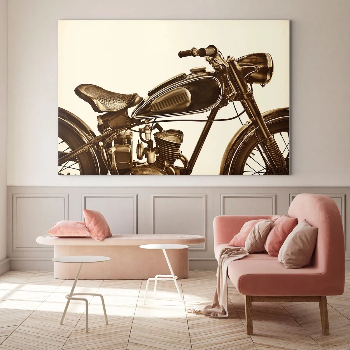 Glastavla - Bild på glas - Snygg retro motorcykel i sepiafärger mot en ljus bakgrund - 70x50cm - Längtan efter klassik - Modern väggdekoration för vardagsrum och sovrum ARTTOR