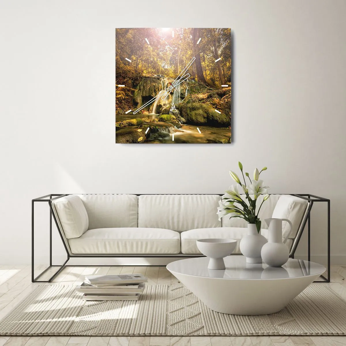 Väggklocka - Klocka på glas - Skogkaskad i grönt - 40x40 cm