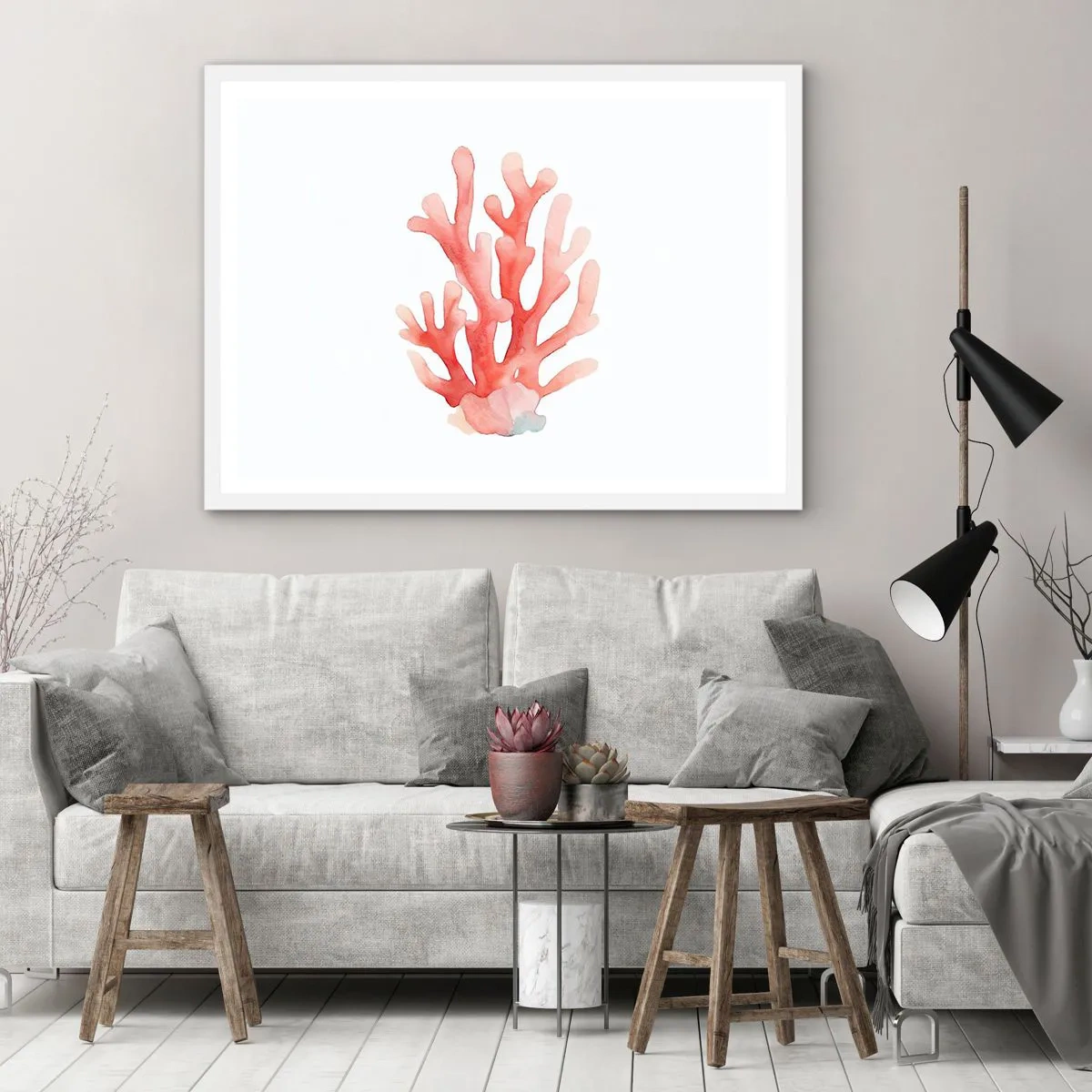 Affisch i vit ram - Korallfärgad korall - 70x50 cm