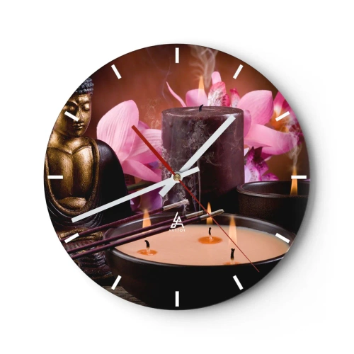 Väggklocka - Klocka på glas - En uppsättning ljus, rökelse och en Buddha-skulptur med rosa blommor - 30x30cm - Rensa hjärnan, lugna ner kroppen - Modern väggdekoration för vardagsrum, kök och sovrum ARTTOR