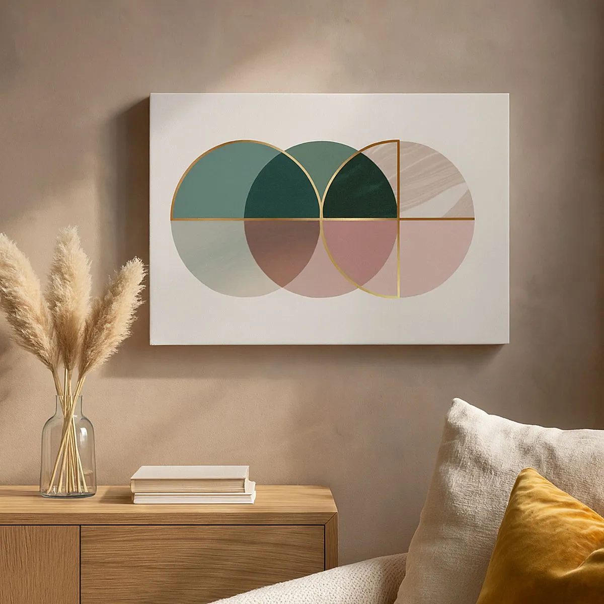 Canvastavla - Bild på duk - En abstrakt komposition av geometriska former och gyllene linjer. - 70x50cm - Hjul efter hjul... - Modern väggdekoration för vardagsrum och sovrum ARTTOR