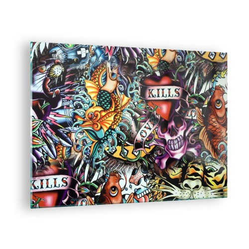Glastavla - Bild på glas - En färgglad komposition av mönster inspirerade av tatueringskonst - 70x50cm - Tatuerarens dröm - Modern väggdekoration för vardagsrum och sovrum ARTTOR