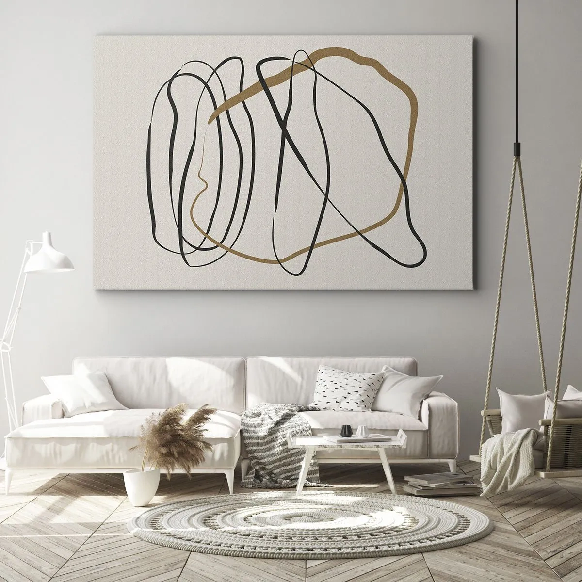 Canvastavla - Bild på duk - Konstnärliga linjer i svart och guld mot en ljus bakgrund - 70x50cm - Komposition: besittande dans - Modern väggdekoration för vardagsrum och sovrum ARTTOR
