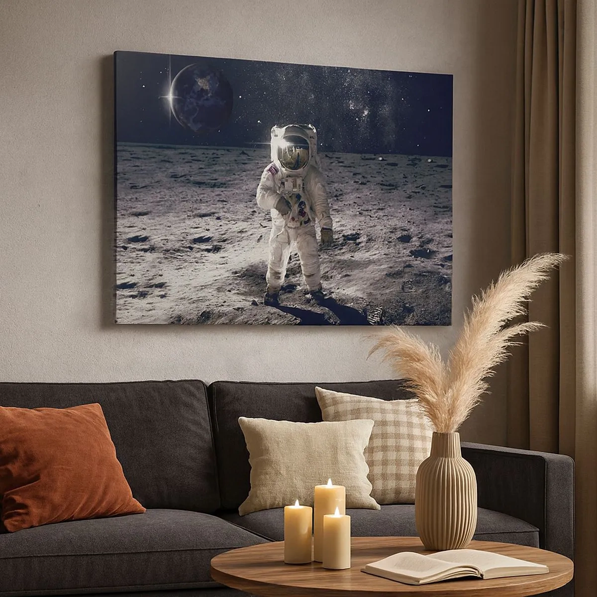 Canvastavla - Bild på duk - Astronaut på månens yta med jorden i bakgrunden - 70x50cm - Hälsningar från månen - Modern väggdekoration för vardagsrum och sovrum ARTTOR