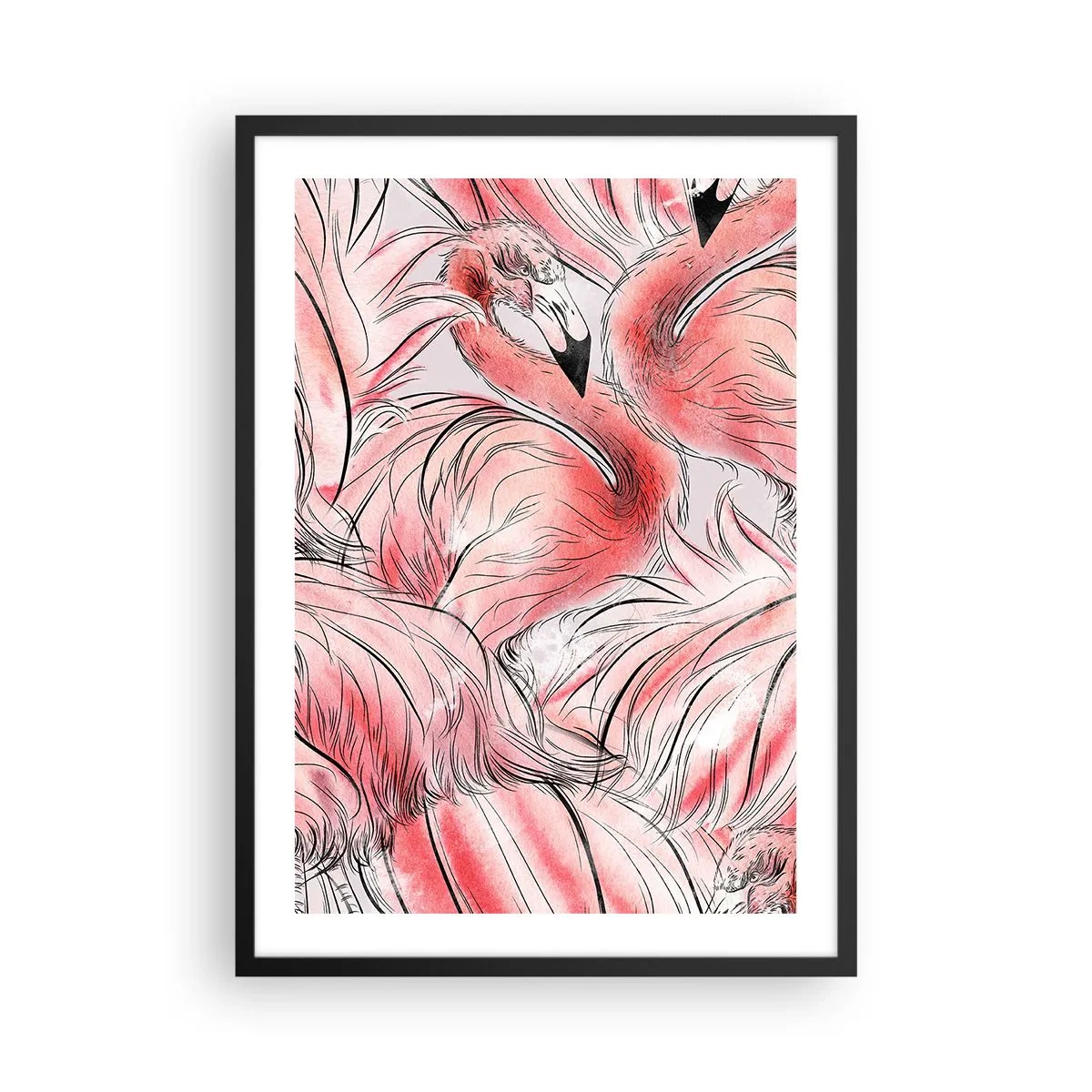 Affisch i svart ram - Ett subtilt flamingomönster i nyanser av rosa - 50x70cm - Fåglarnas corps de ballet - Modern väggdekoration för vardagsrum och sovrum ARTTOR