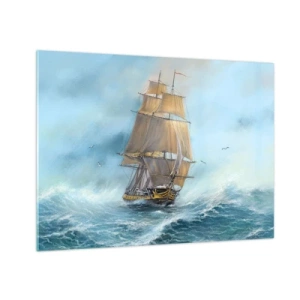 Glastavla - Bild på glas - Ett segelfartyg på ett stormigt hav i målerisk stil - 70x50cm - Vinkande genom vågorna - Modern väggdekoration för vardagsrum och sovrum ARTTOR