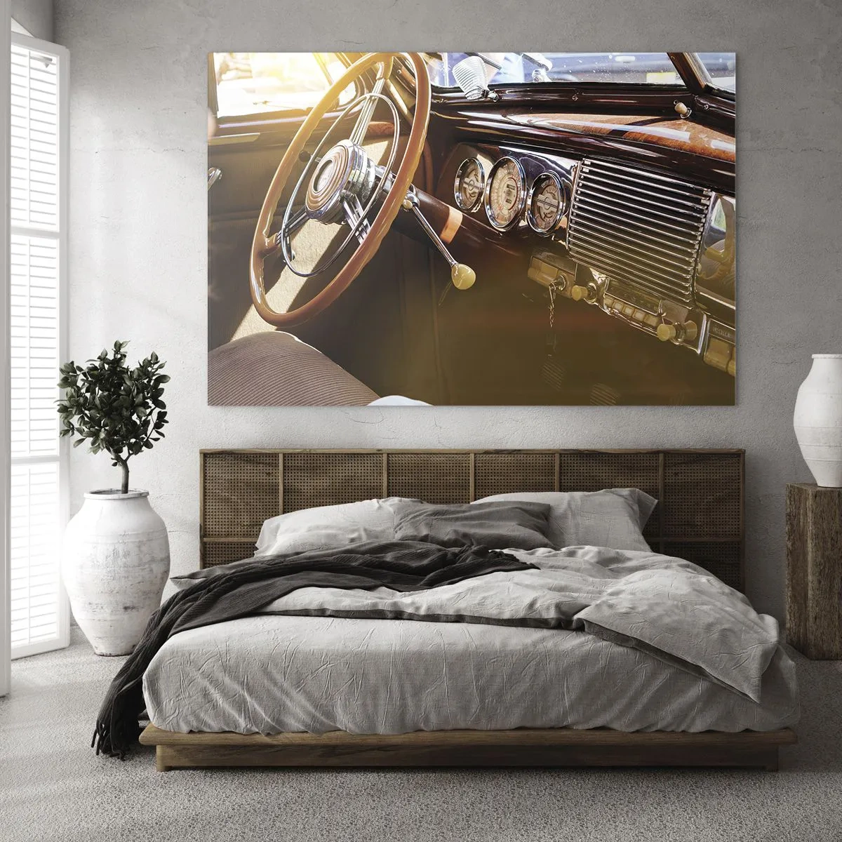 Glastavla - Bild på glas - Interiör i en veteranbil med en träratt - 70x50cm - Smak av lyx från det förflutna - Modern väggdekoration för vardagsrum och sovrum ARTTOR