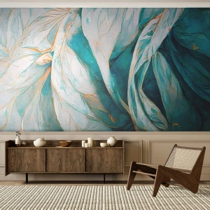 Fototapet Standard Eco - Viftande blå blad med en delikat guldfärgad accent - 100x70cm - Blå abstraktion med guldmotiv - Modern väggdekoration för vardagsrum och sovrum ARTTOR