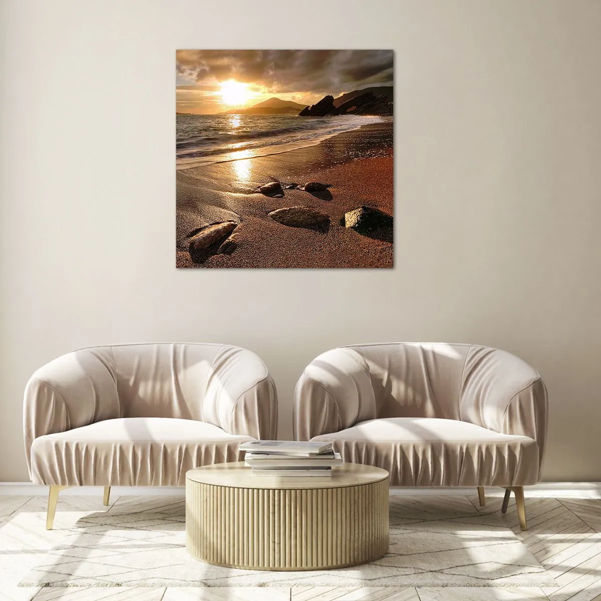 Glastavla - Bild på glas - Följ solen mot kullarna - 50x50 cm