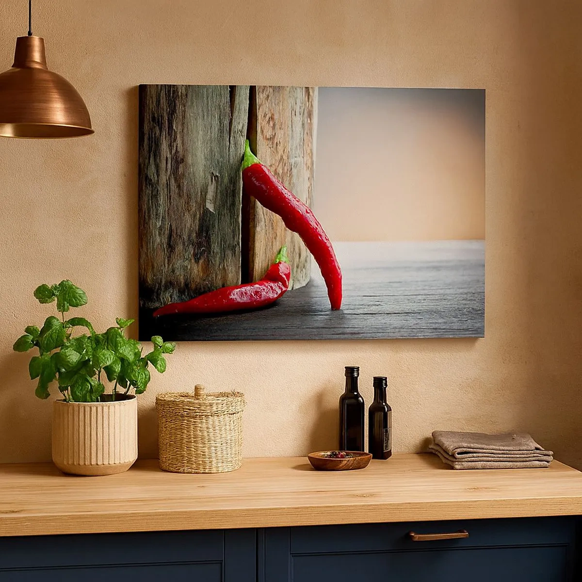 Canvastavla - Bild på duk - Två röda chilipeppar på en träbakgrund med en rustik accent - 70x50cm - Red hot chili peppers - Modern väggdekoration för vardagsrum och sovrum ARTTOR